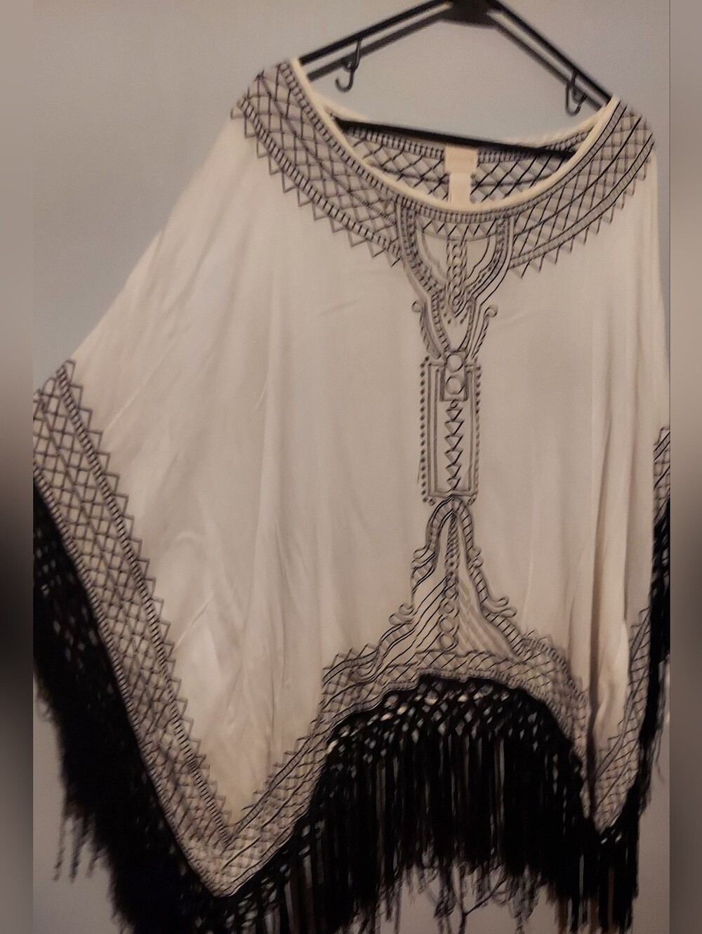 Chicos Poncho Top Women L/XL White Black Fringe Boho Festival Topper Embroidered